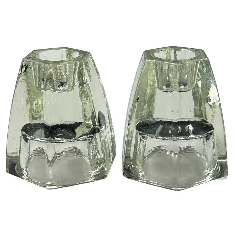 Vtg Pair Reversible Candle Holders Clear Glass Dual Taper Votive Table Wedding